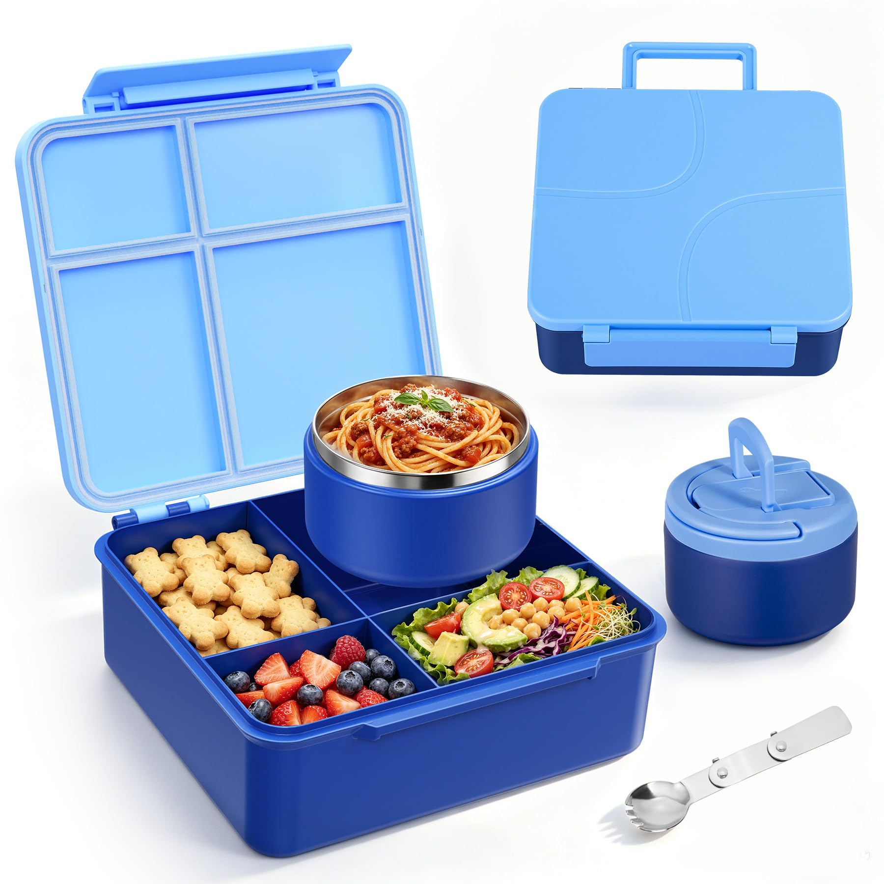 MAXSO Bento Lunch Box Set for Kids with 8 oz Soup Thermo, Leakproof Hot Food Container with 4 Compartments, Insulated Food Jar for Toddler Daycare Boys Girls School - Blue