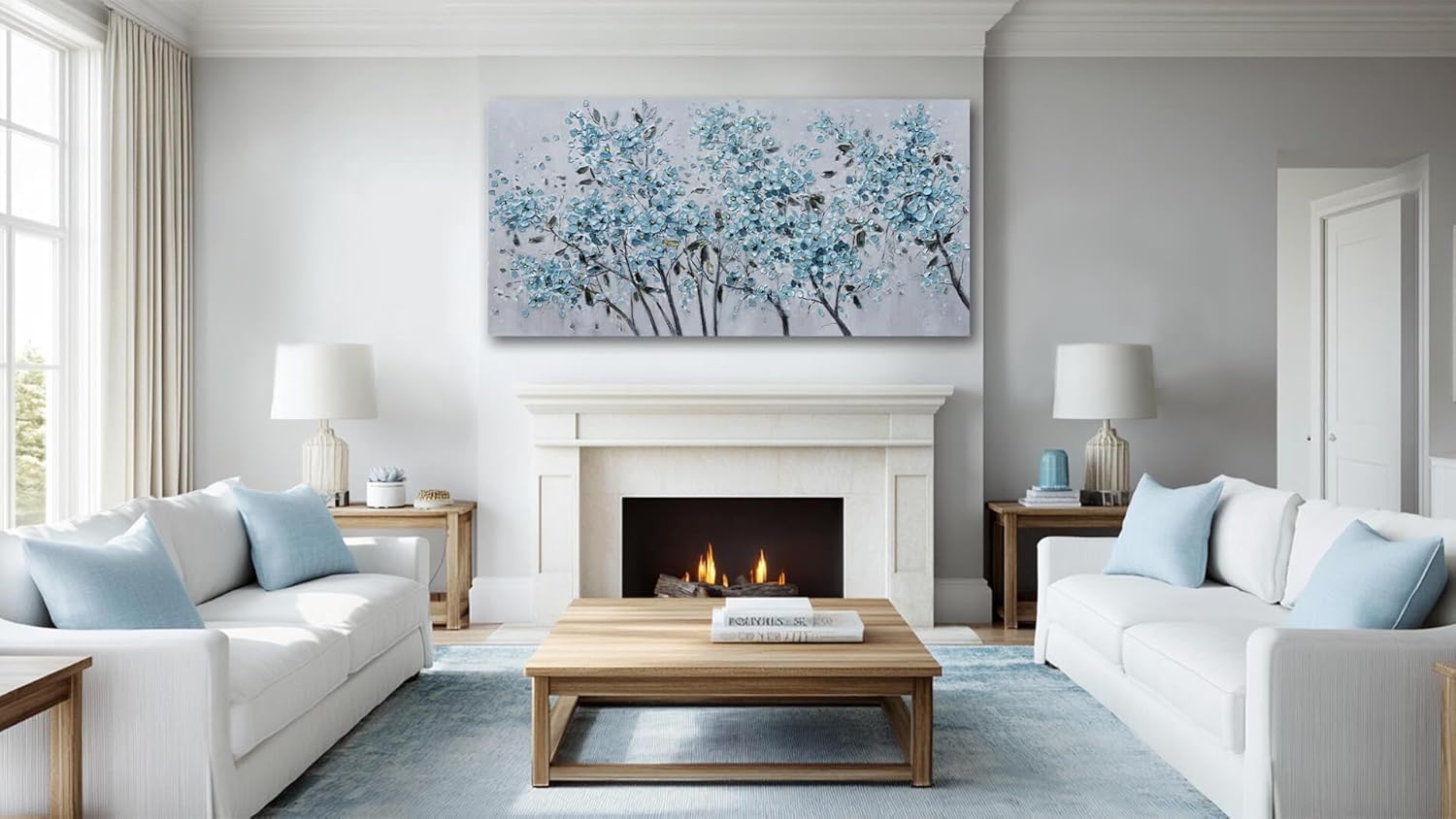 MLART99 Flower Wall Art Blue Floral Canvas Gold Landscape Picture Nature Print for Living Room Bedroom Dining Room office Home Wall Decor,29x58