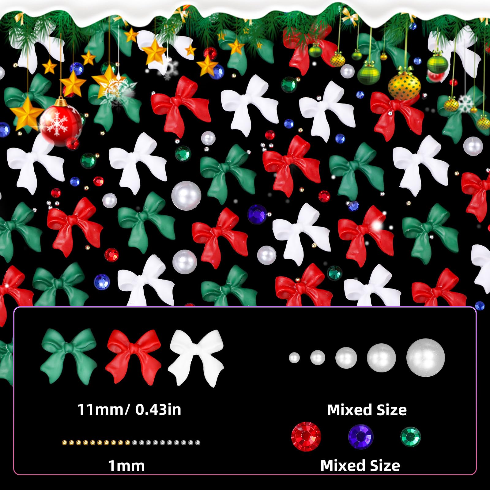 3D Bows Nail Art Charms, Christmas Bowknots Acrylic, Bow Tie White Red Green Flatback Pearl AB Glass Gems for Nail Art Decor Accessories DIY