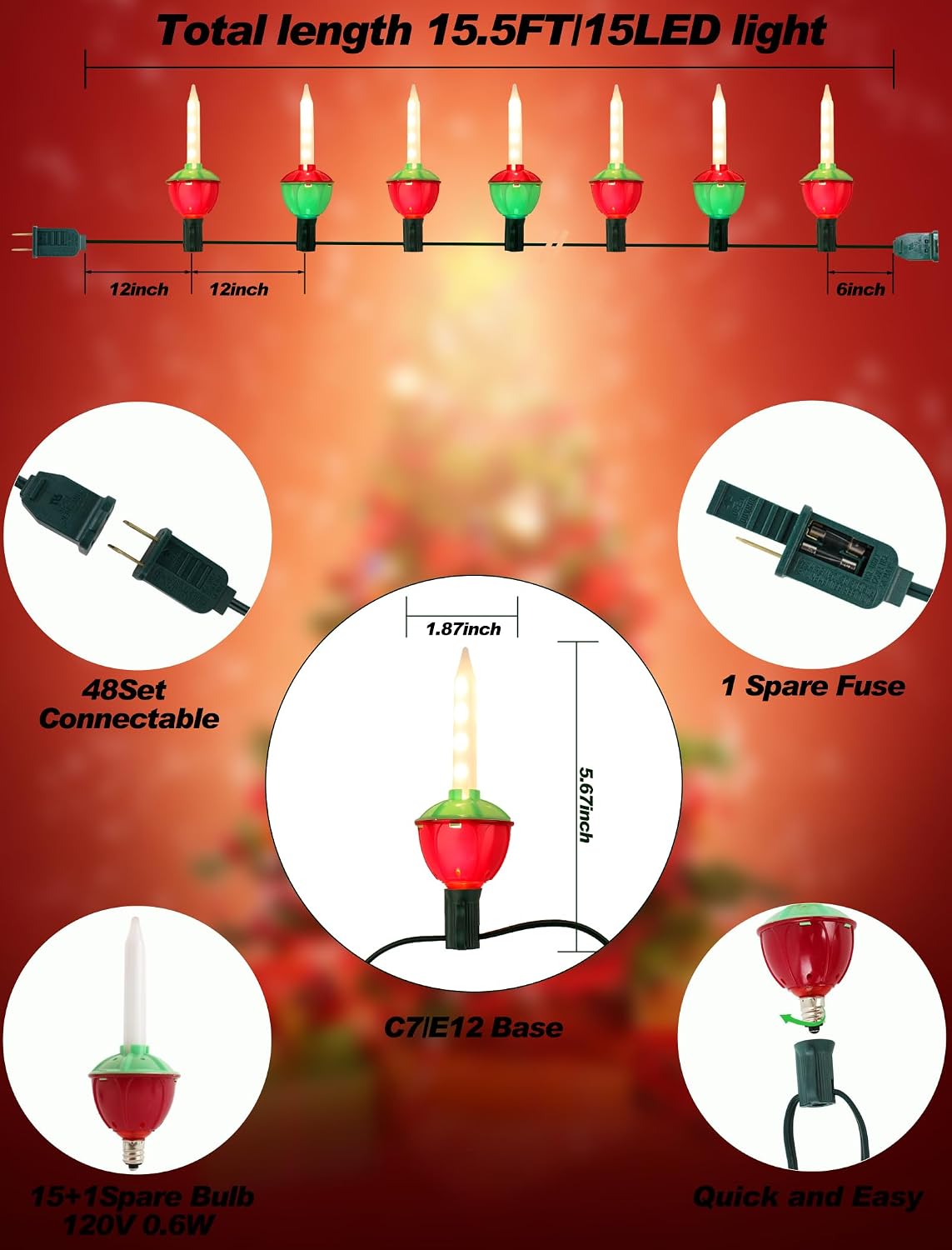 LED Retro Christmas Bubble Lights - 15.5ft, 15-Light String with Classic Bubbling Effect, Energy Efficient & Cool-Touch Safety - Vintage Style Christmas Tree Lights for Indoor Holiday Decor
