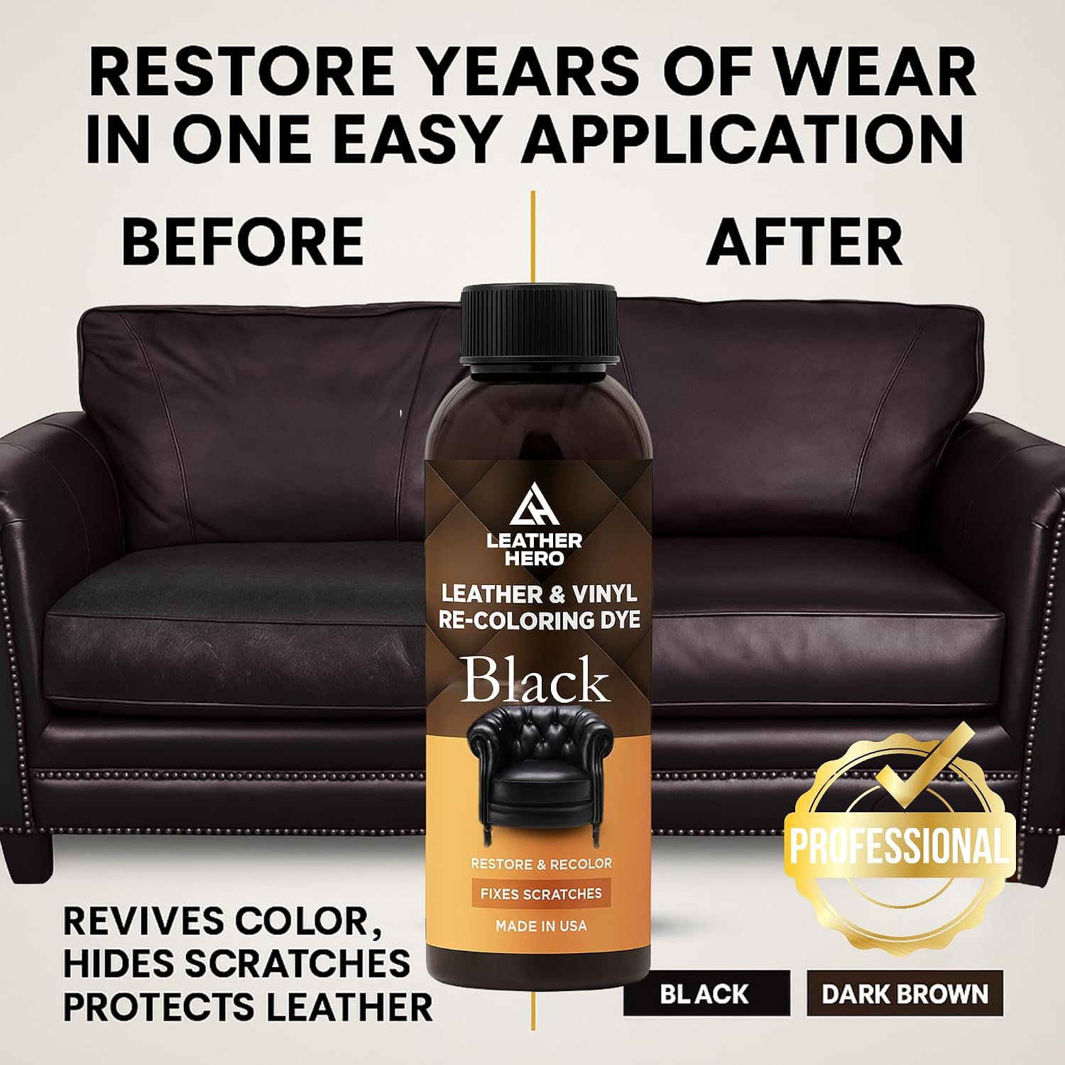 Leather Hero Color Restorer Kit – Leather Dye & Scratch Remover for Couches, Shoes, Car Seats – DIY Repair – Made in USA