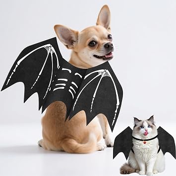 Olanrun Small Dog Halloween Costumes, Adjustable Puppy Dog Bat Wings Costumes for Small Dogs Cats with Pumpkin Bell Skeleton Print On The Back, Pet Costume Halloween Cosplay Party Dress Up, XS Black