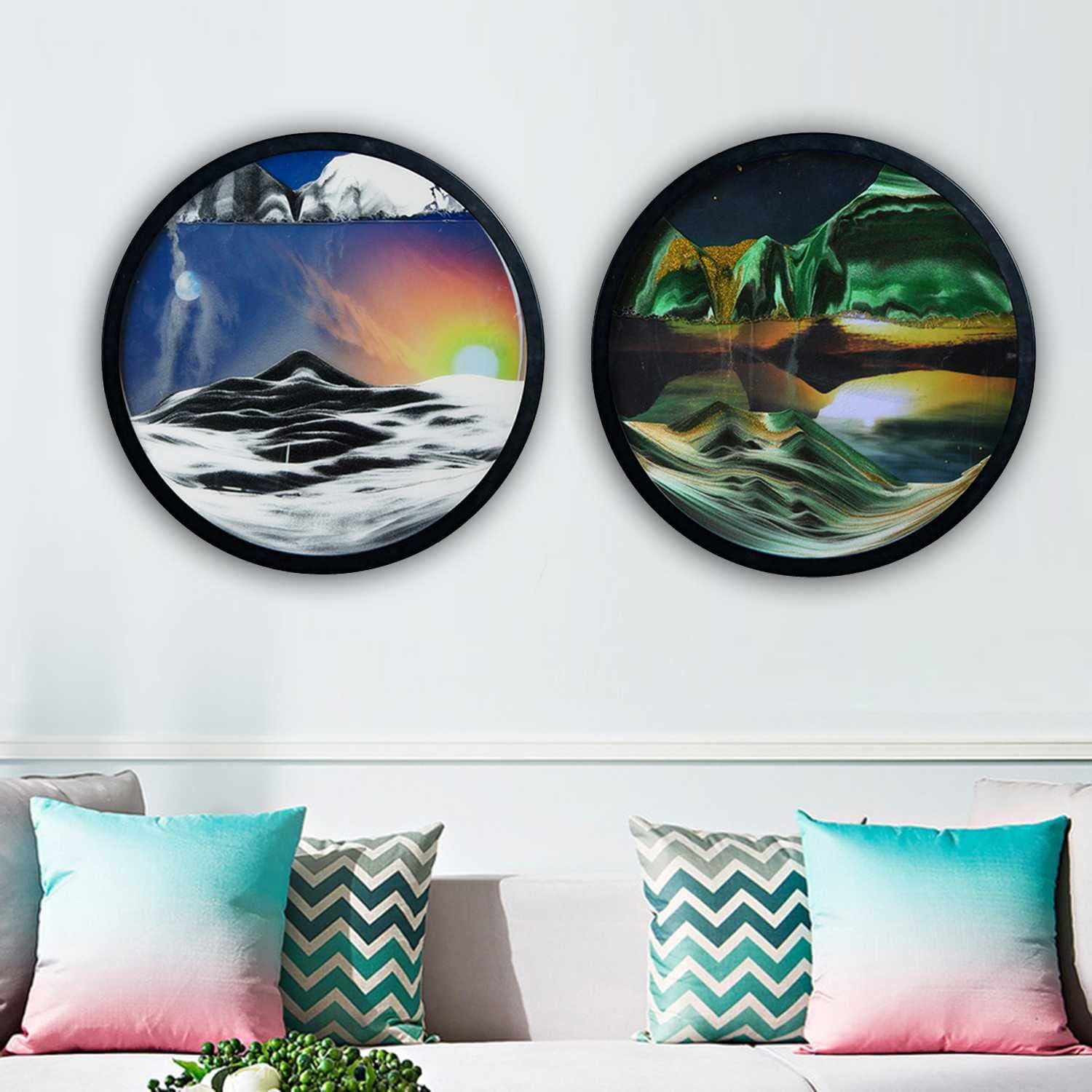 KRIDDR Moving Sand Art Pictures Set of 2 Round Glass 3D Moving Deep Sea Sand Landscape for Kids Adults Relax Toys Home Office Desk Decor