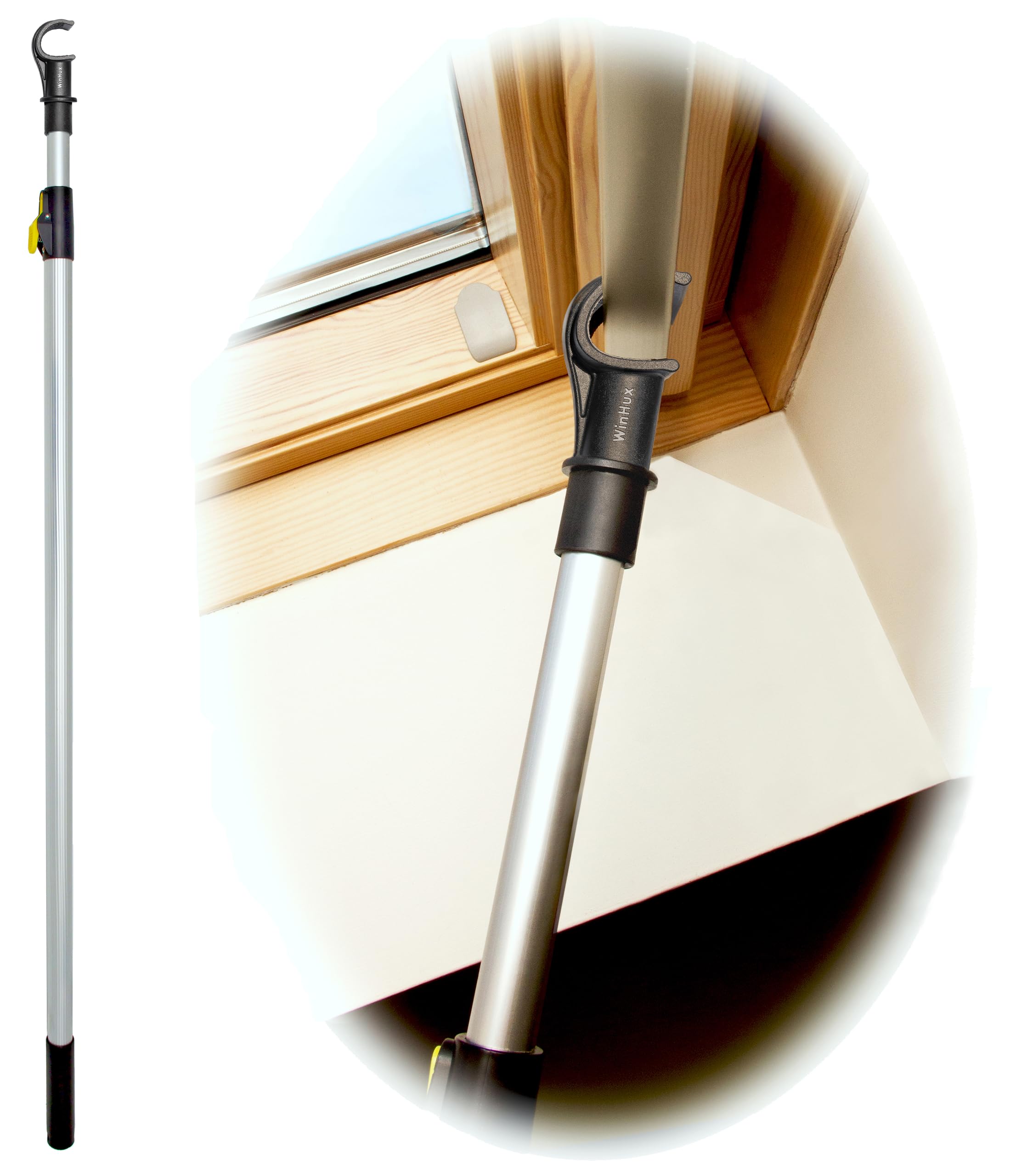 Winhux Silver Telescopic Window Pole Opener 1.2-2.0M Aluminium Button-Lock Skylight Pole (V2 No Blind Control), Opener Rod With Non-Slip Hook, Compatible With Velux Keylite Fakro Roof Windows