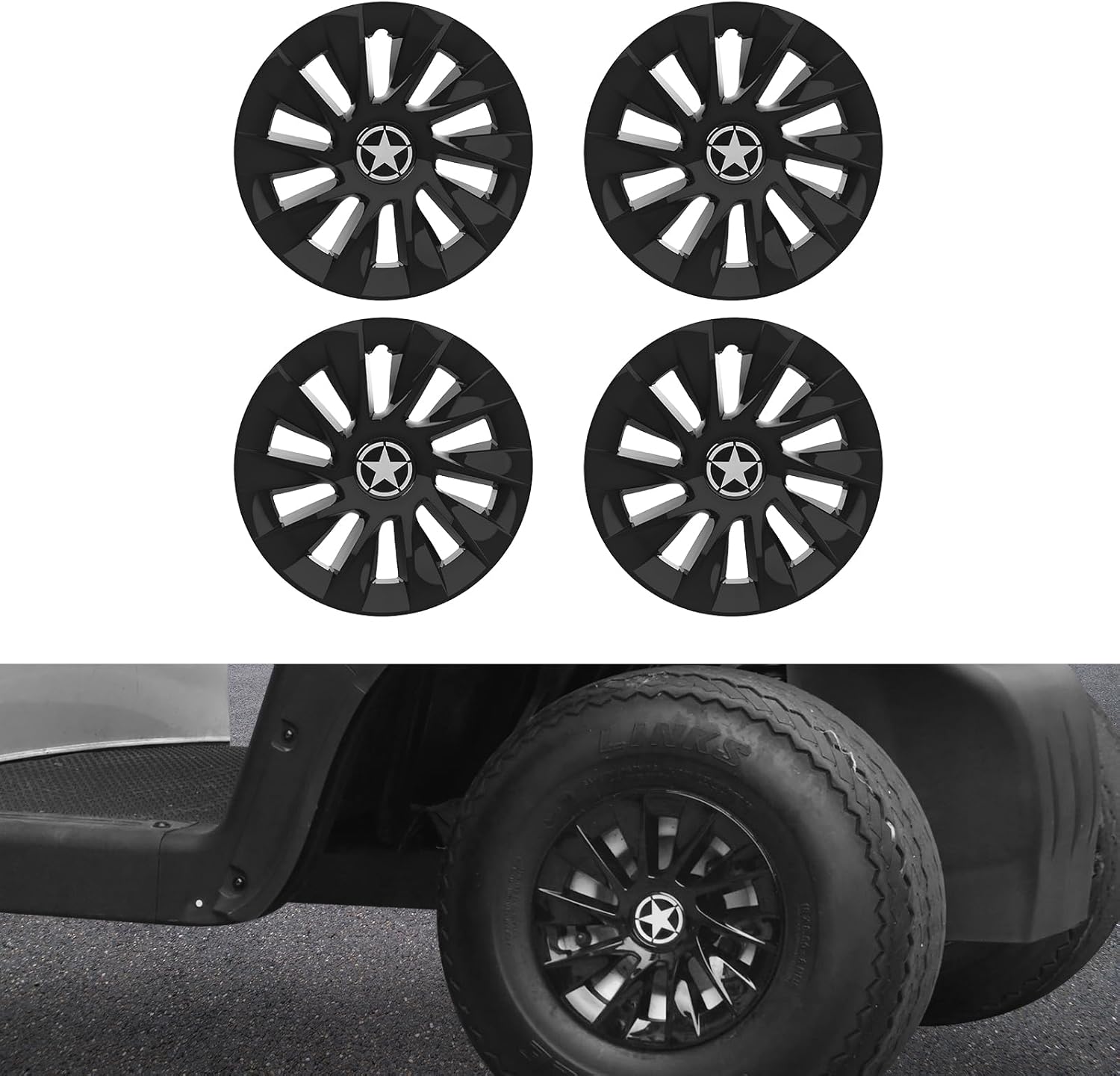 Golf Cart Wheel Covers Hub Caps for EZGO, Club Car, Yamaha, 8 Inch Hubcaps, Shiny Black, 4PCS