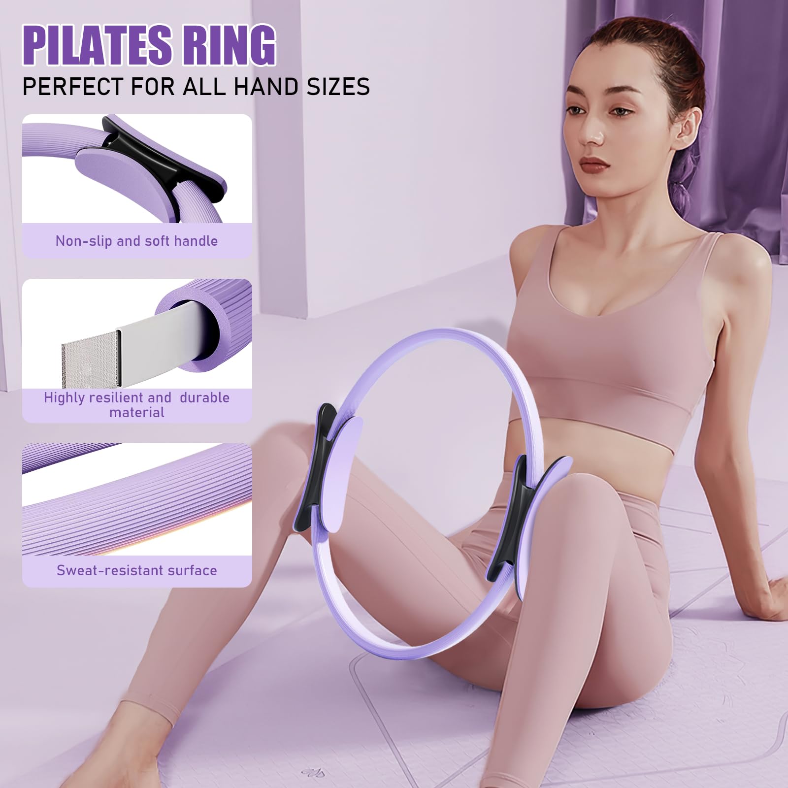 Ensemble d'anneaux de Pilates Kit essentiel avec cercle magique 32 cm, balle, bandes, disques glissants et poster d'entraînement