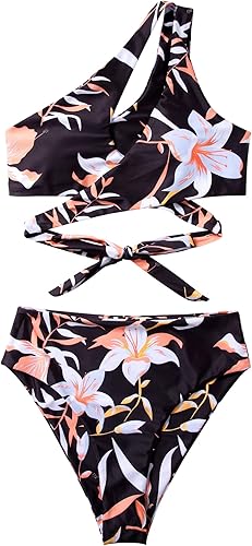 Miniatura 3 de MOOSLOVER Traje de baño sexy de dos piezas con corte de un hombro y cintura alta para mujer