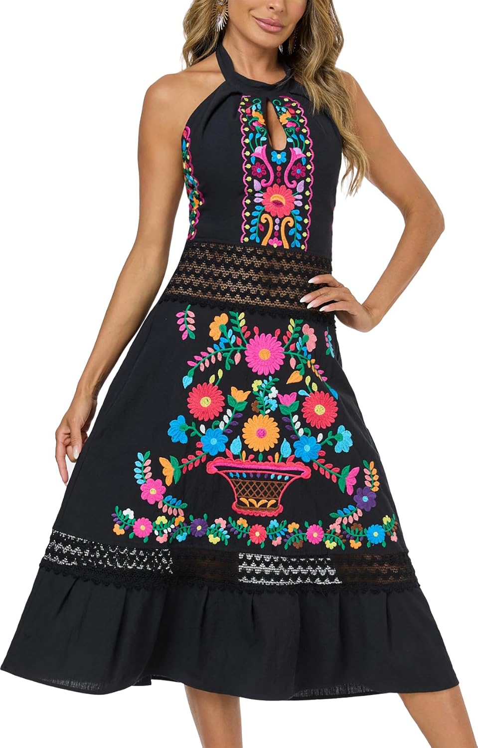 Mexican Dress Embroidered Casual Halter Off Shoulder Maxi Cocktail Dresses Sexy Dress for Women Date Night