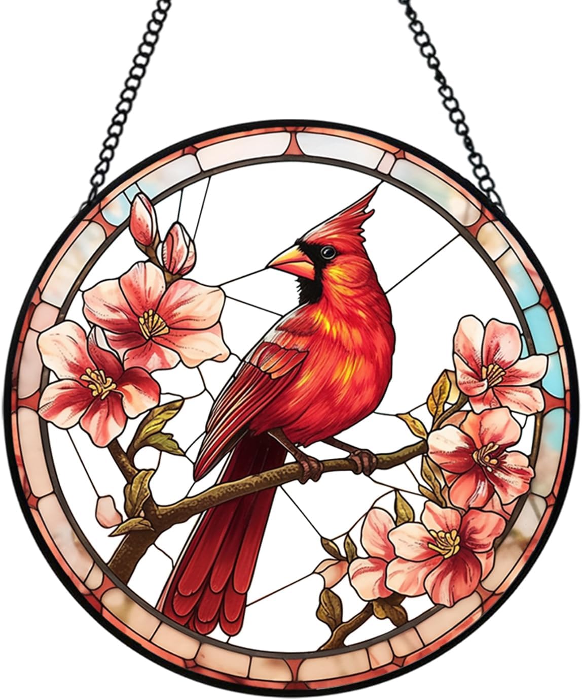 Xuoxeji Stained Glass Style Cardinal Suncatcher, 7.87 Inch (20cm) Round Real Glass Window Hanging with Gift Box and Chain, Bird Decor Gift