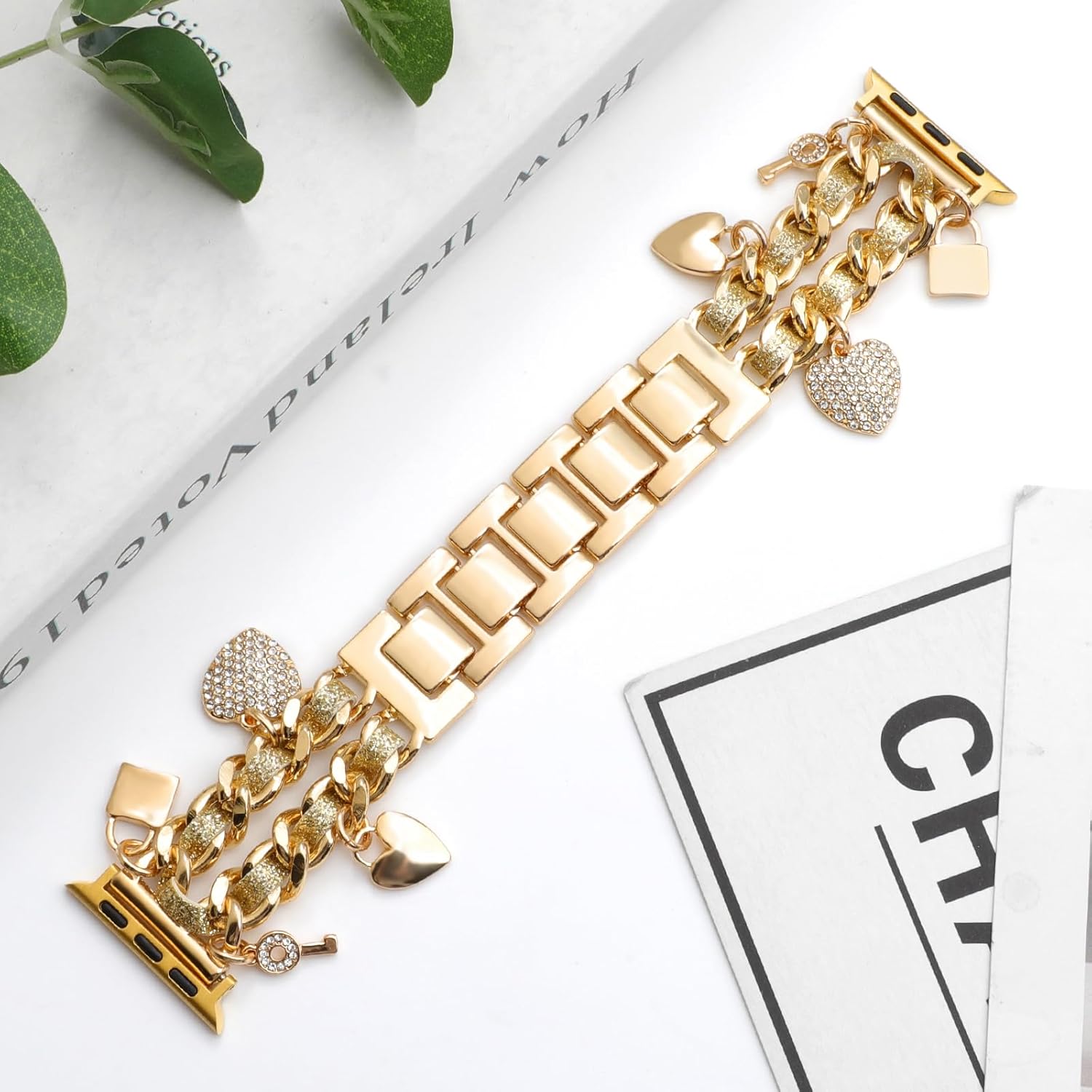 Cuban Chain Metal Band Compatible with Apple Watch Bands 49/46/45/44/42/41/40/38mm Women,Stylish Cowboy Link with Cute Charms Pendants Dressy Wristband for iWatch Series 10 Ultra 2 9 8 7 6 5 4 3 2 SE - Image 2