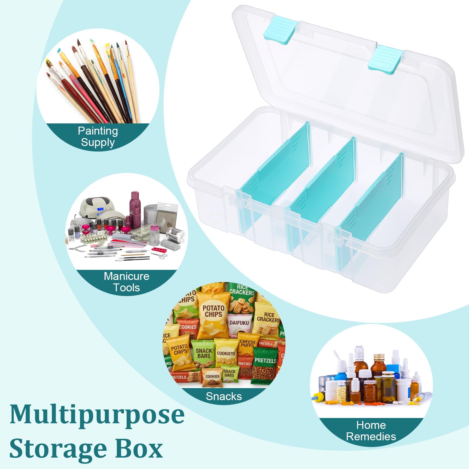 BTSKY Boîte de rangement en plastique transparent avec 4 compartiments réglables avec couvercle - Boîte de rangement multifonction pour travaux manuels, fournitures d'art, 33,3 x 20,6 x 8,6 cm