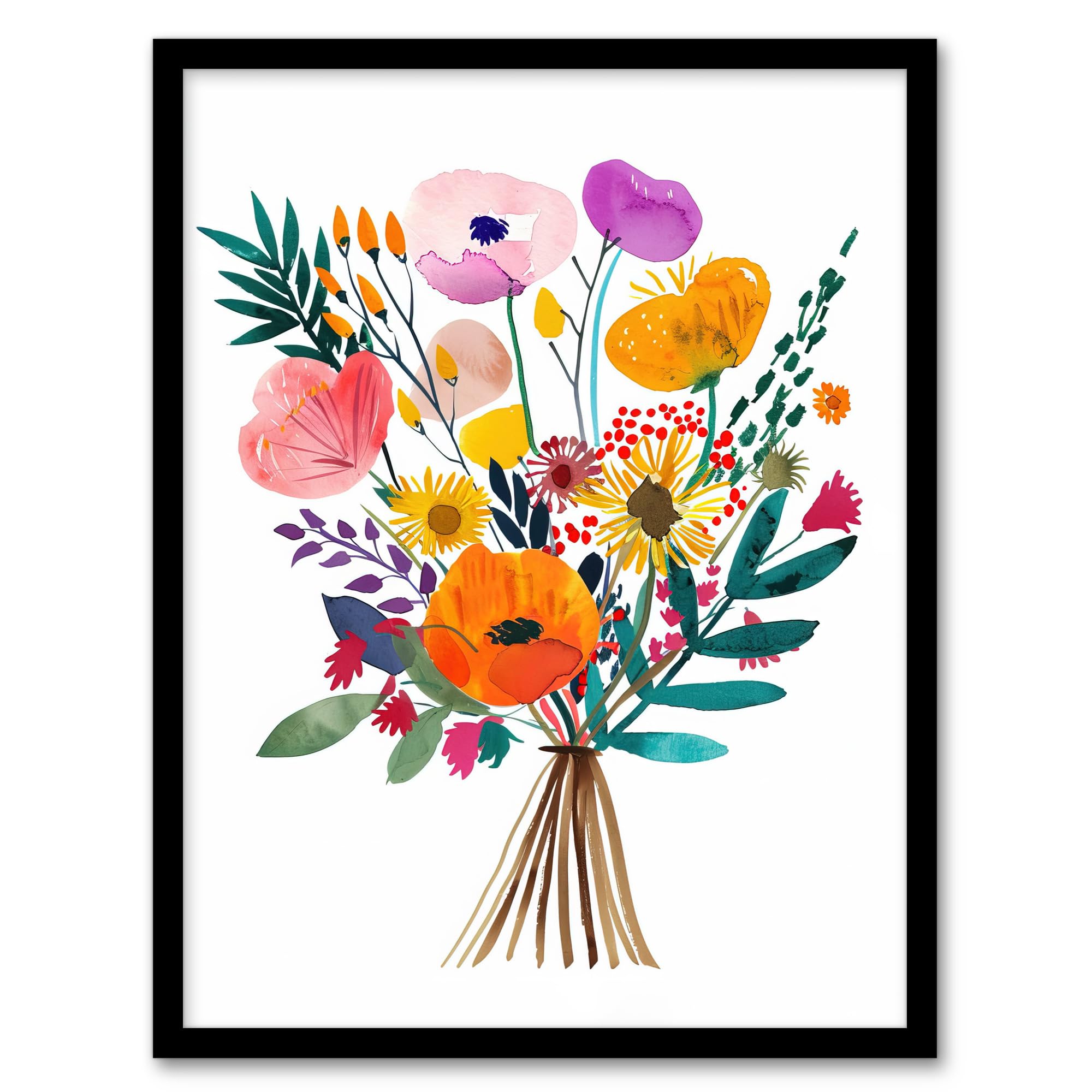 Artery8 Colourful Floral Bouquet Abstract Watercolour Living Room Artwork Framed Wall Art Print A4