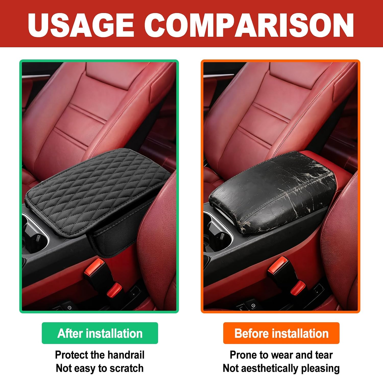 Universal Car Center Console Cover Upgraded Leather Armrest Cover with 2 Storage Pockets Non-Slip Pad Waterproof Car Armrest Organizer Accessories for Most Small Cars Black