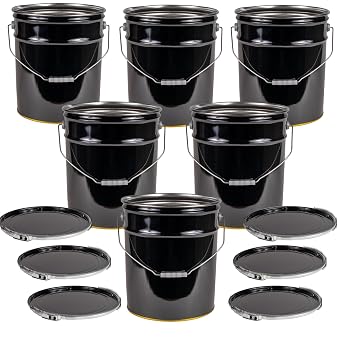 ATERET 5 Gallon Black Metal Bucket & Lever Lock Pail Lid - 6 Pack - Heavy Duty Durable Pails and Lids for Outdoor and Household Use