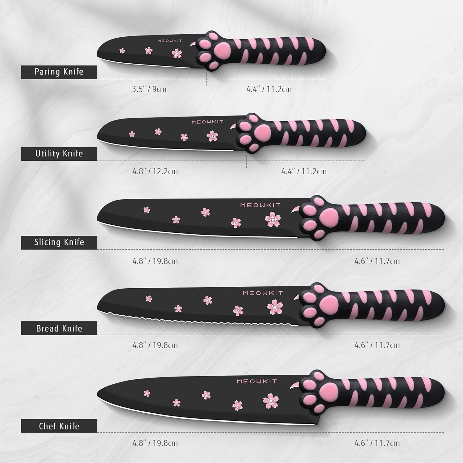 Cute Kitchen Knife Set, Dishwasher Safe, 5 pieces Non-Stick Knives,Sharp for Chopping, Slicing, Dicing and Cutting, Cat Paw Handle