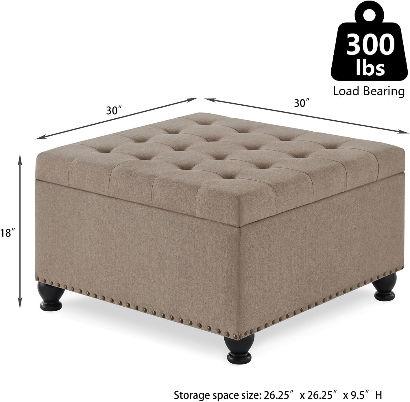 Oversized Square Ottoman Storage Bench for Living Room Bedroom Large Ottoman Coffee Table with Rubber Wood Legs, Linen Fabric Upholstered Foot Stool Foot Rest for Couch Sofa, Light Brown - Image 2