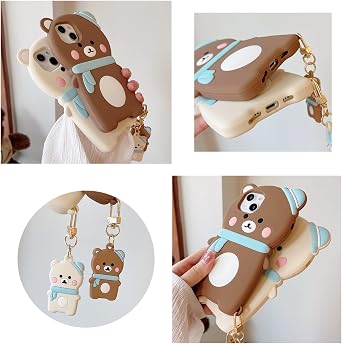 for iPhone 13 Pro Case Cute, Silicone Camera Lens Protector Cover with Keychain 3D Kawaii Bear Protective Phone Cases for iPhone 13 Pro(Scarf Bear Brown