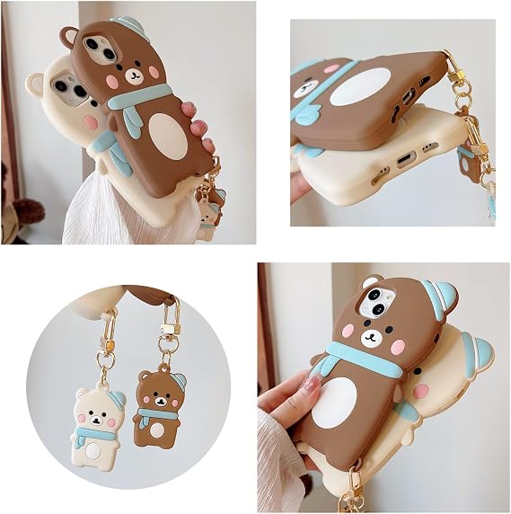 for iPhone 13 Pro Case Cute, Silicone Camera Lens Protector Cover with Keychain 3D Kawaii Bear Protective Phone Cases for iPhone 13 Pro(Scarf Bear Brown
