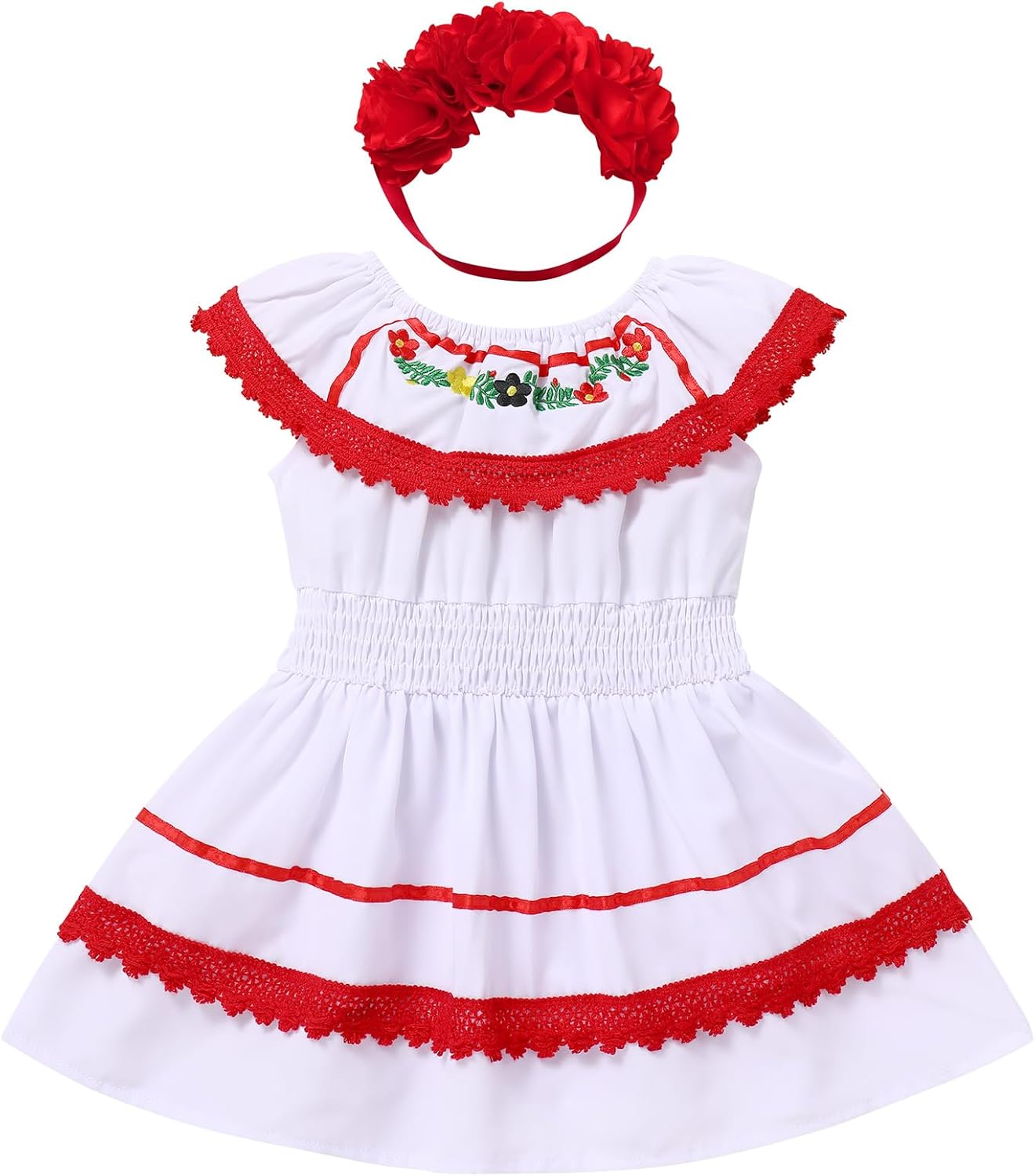 ODASDO Mexican Dress for Baby Girls Toddler Kids Cinco De Mayo Outfit Ruffle Lace Off Shoulder Romper with Flower Headband