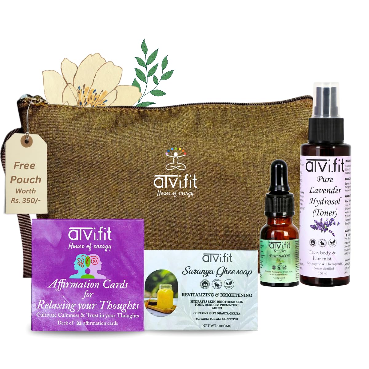 Atvi.fit Relaxing combo with free Pouch | Positive Affirmation cards for Relaxing your Thoughts,Tea Tree Oil 15ml,Lavender Hydrosol Natural Toner 150ml,Saranya ghee soap made with Shat dhaut ghee 100gm-image-26