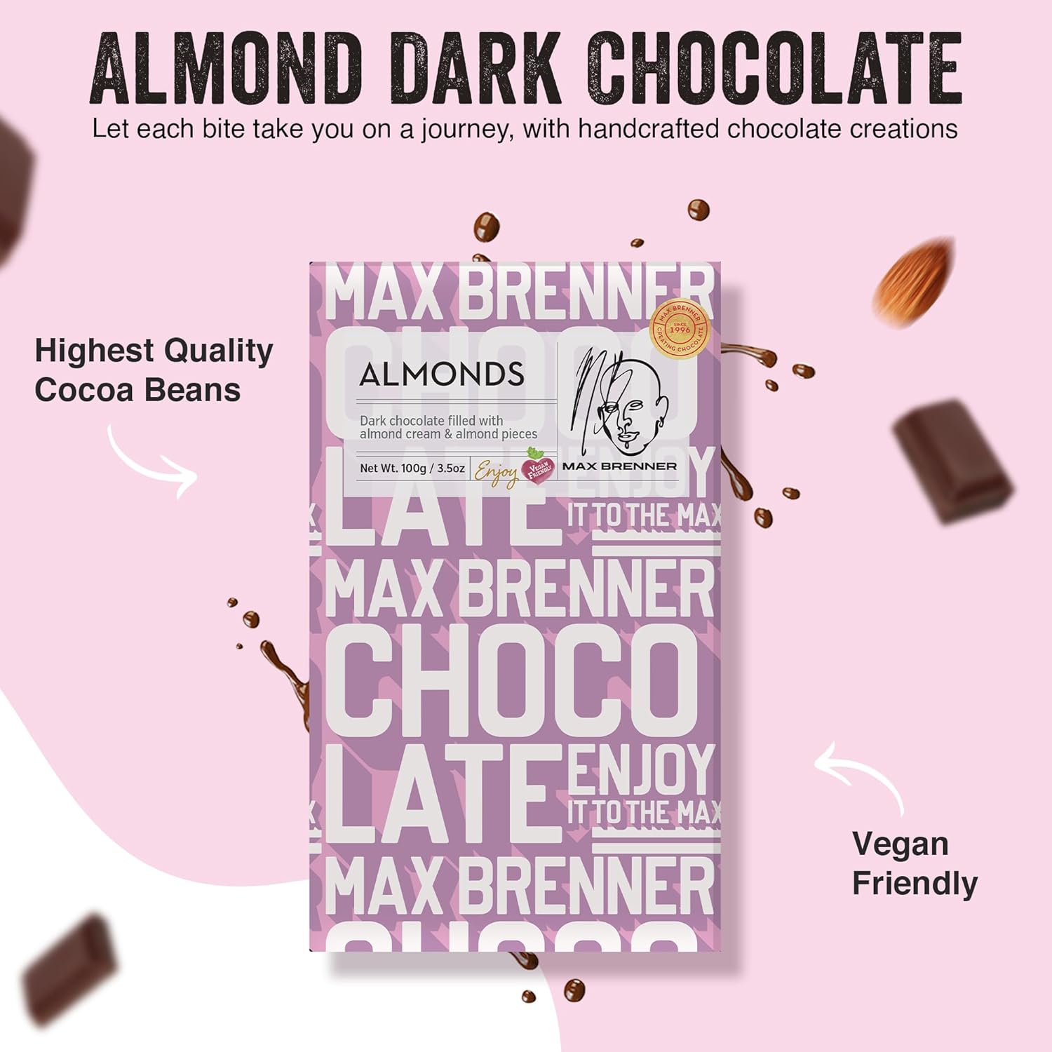 Max Brenner Premium Chocolate Bar – Gourmet Israeli Chocolate, Kosher Certified, 100g – Luxurious Cocoa Experience with Cocoa Butter – Made in Israel, Ideal Gift or Treat (Case of 20 Bars, ALMOND)
