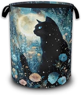 Black Cat Moon Night Laundry Basket,Wildflower Laundry Hamper Waterproof Oxford Cloth Tote Bag,Clothes Storage Bucket Decorative Toy Organizer for Bathroom Bedroom 16" x 20.8"