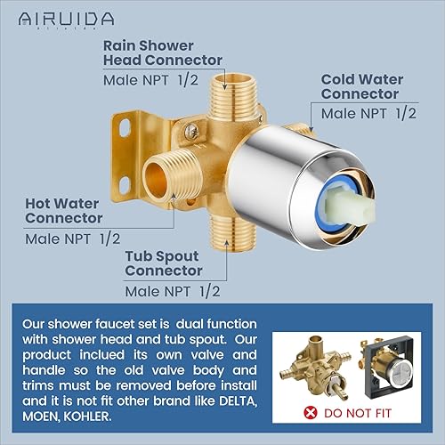 Miniatura 5 de Airuida Juego de grifo de ducha con cabezal de ducha cuadrado de lluvia de 8 pulgadas y boquilla de bañera, kit de grifo de bañera, juego completo