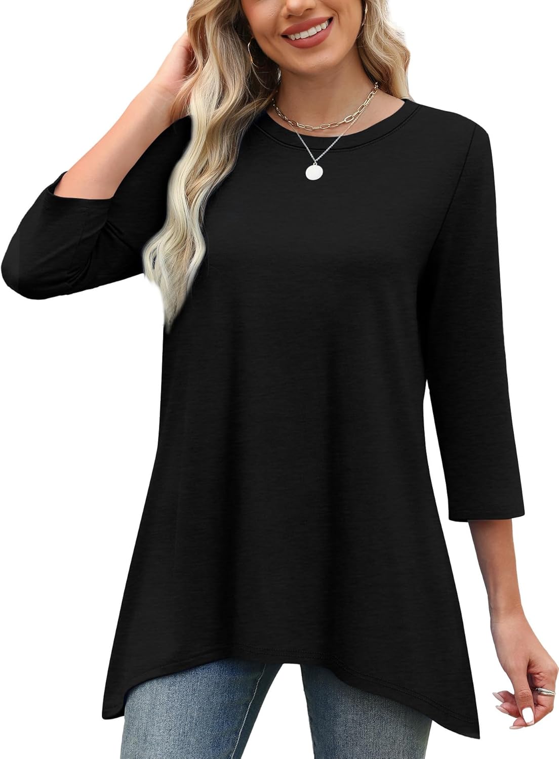 OFEEFAN Tunic Tops for Women Loose Fit Dressy 3/4 Length Sleeve Womens Tops with Asymmetrical Hem S-4XL - Image 2