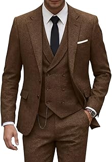 Tweed Herringbone Suit for Men Wool Suits Retro Mens 3 Piece Slim Fit Bl...