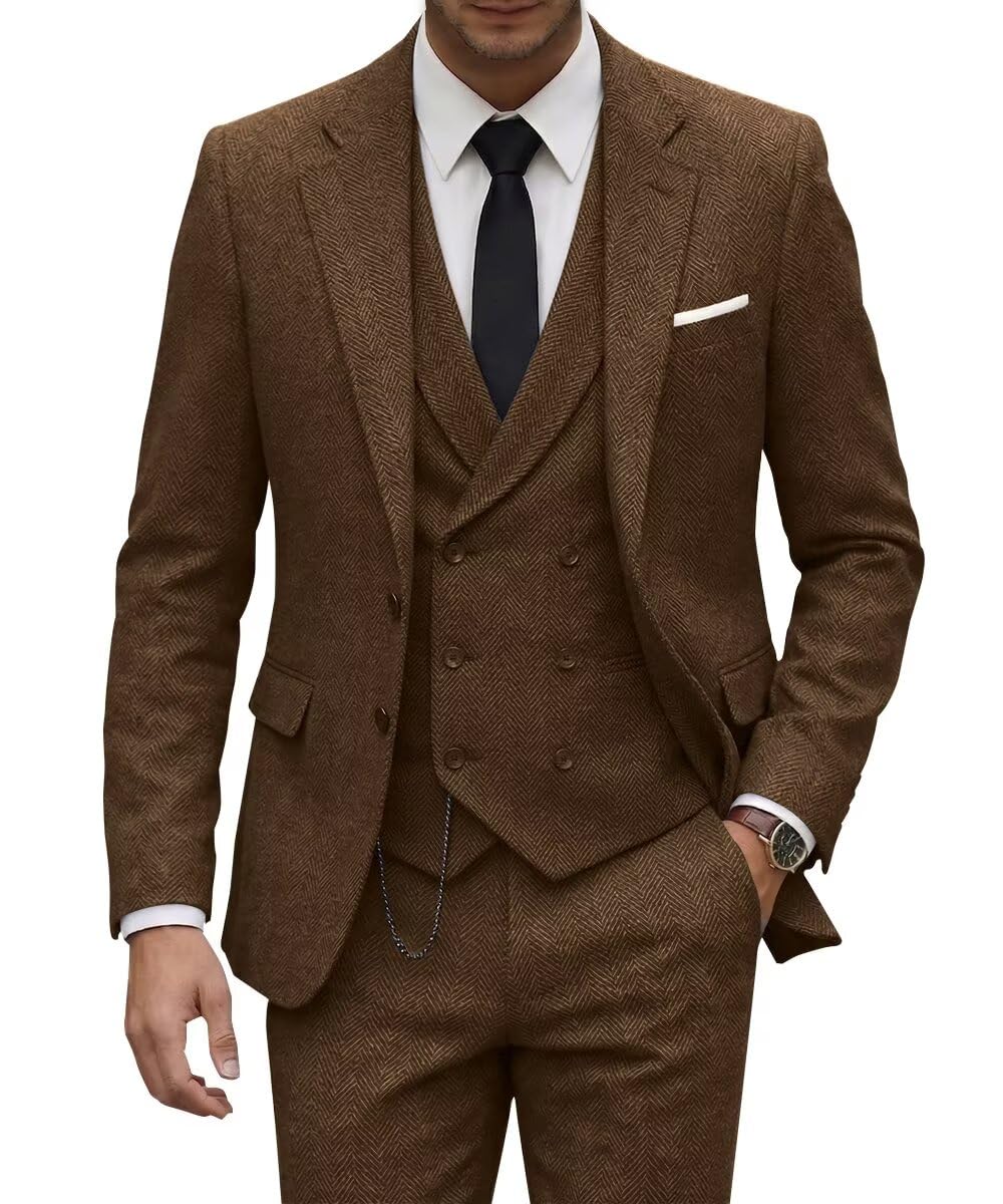 Photo 1 of Men Suits Tweed for Man Brown 3 Piece Double Breasted Dress Suit Slim Fit Tuxedo Jacket Vest Pants Grooms Formal Set XL