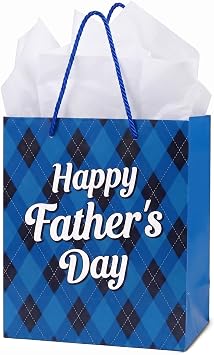 Happy Fathers Day Gift Bag, Blue Gift Bag for Dad with Tissue Paper, Father s Day Present Gift Wrap Small Medium Blue Plaid-Pattern