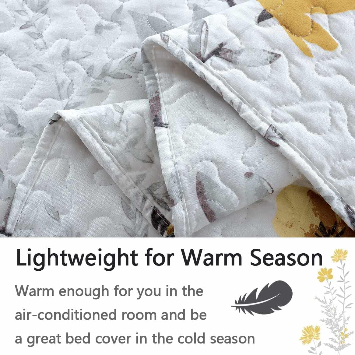 Green Essen 3 Pcs Full/Queen Size Flower Bedding Quilt Set Lightweight Summer Bedspread Floral Daybed Cover Yellow White Plant Vintage Garden Coverlet Blanket,90x90 with 2 Standard Pillow Shams