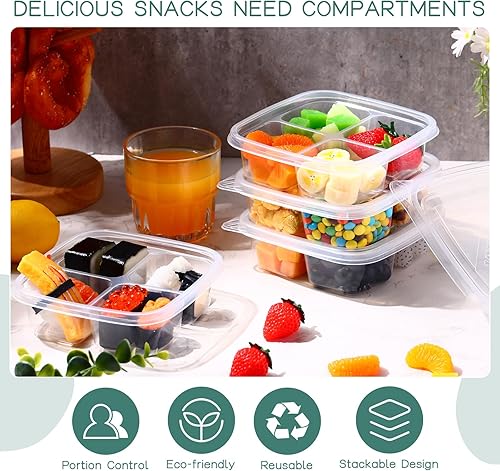 Miniatura 3 de Dandat 50 cajas Bento de plástico transparente, 4 compartimentos, reutilizables, contenedores de alimentos a prueba de fugas, caja Bento con tapas