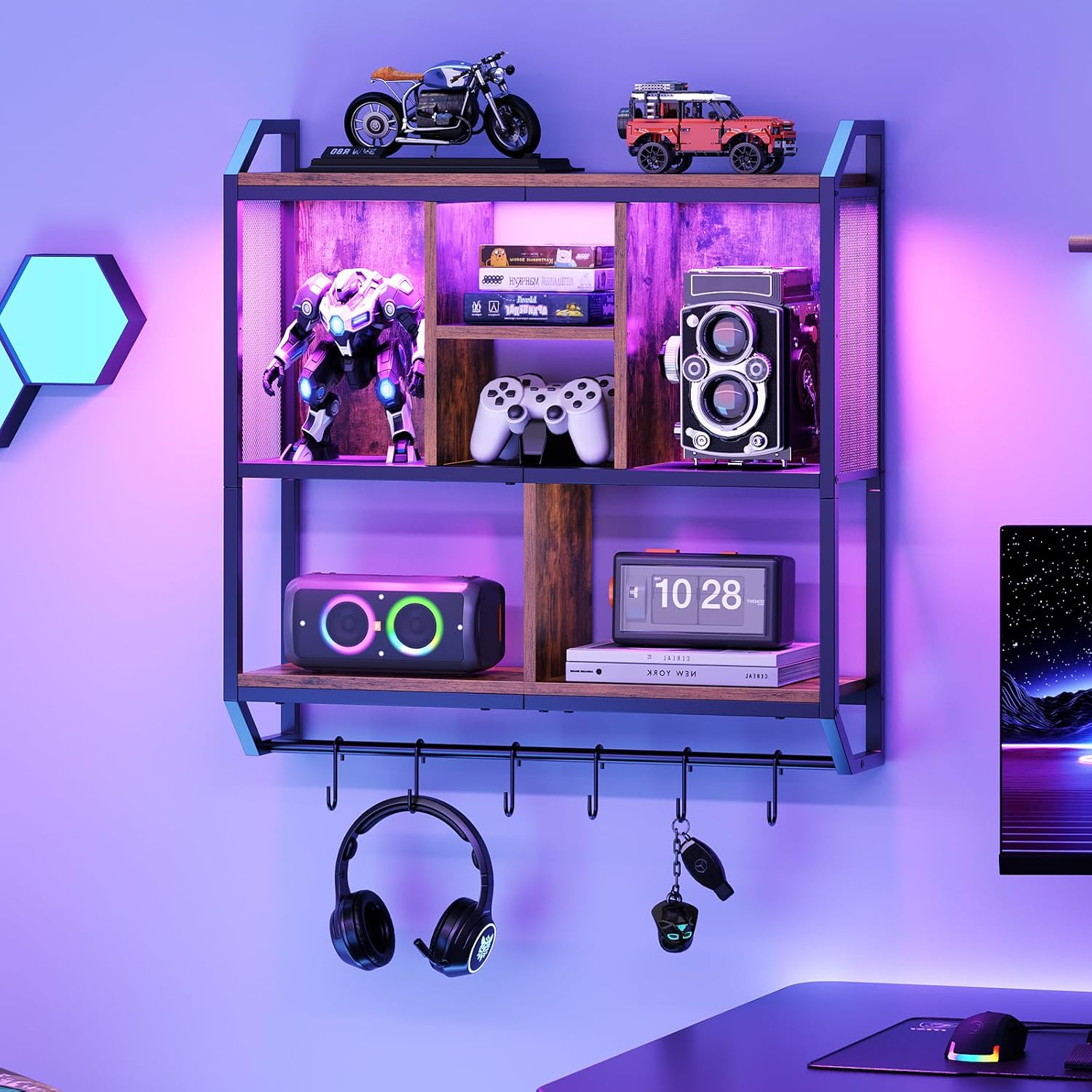 HOOBRO Gaming Floating Shelves with LED Lights, 28.7" LED Wall Mounted Shelf, 3-Tier Display Rack for Wall Storage, Floating Rack with Hanging Rod and 6 S-Hooks, Rustic Brown and Black BF70DBJ01