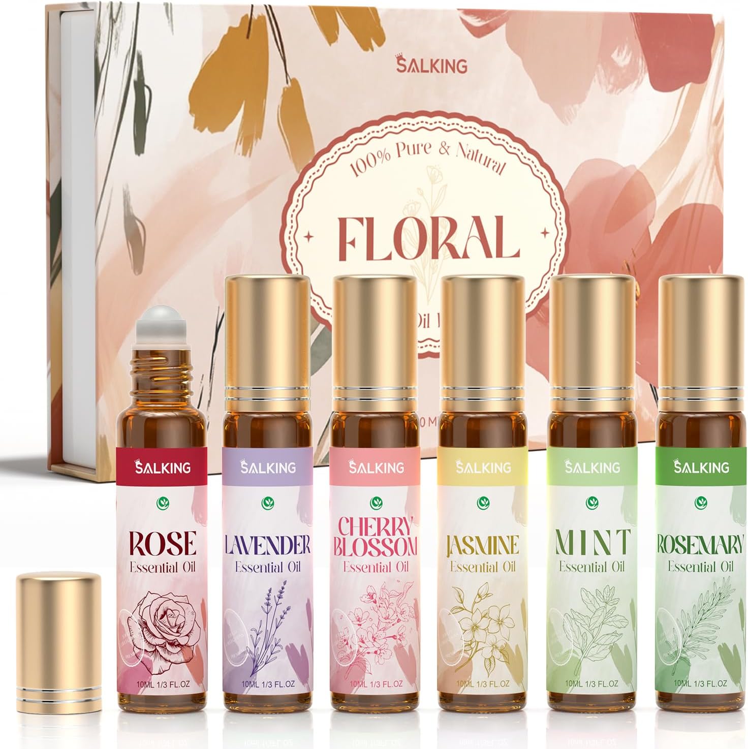 SALKINGEssential Oils Roll On Set with Dried Flowers(6 Pack), Aromatherapy Oil with Roller Ball for Skin Use, Natural Fragrance Gift - Rose, Lavender, Cherry Blossom, Jasmine, Mint, Rosemary