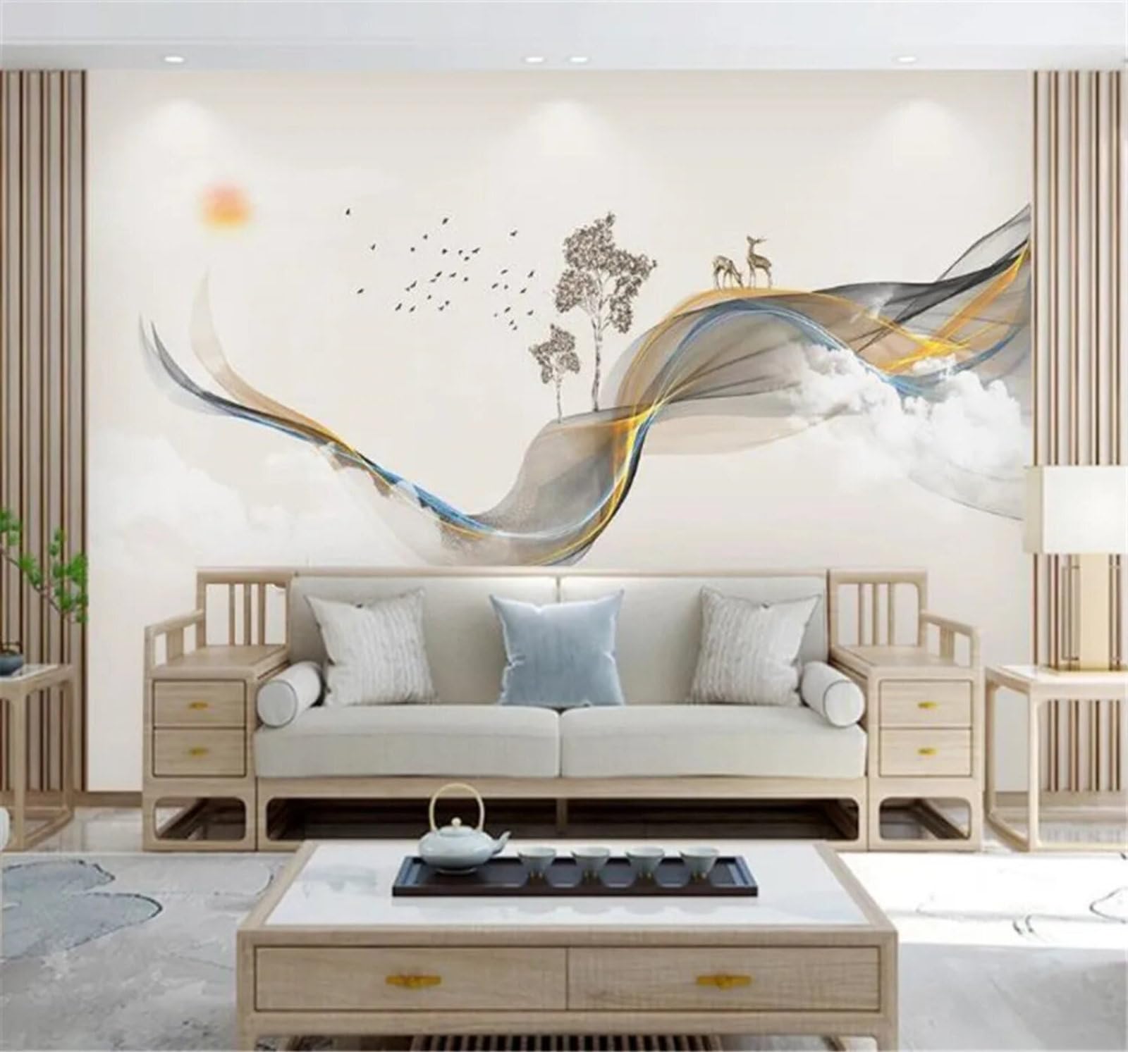 Tzxztt Hand Drawn Abstract Lines Ink Landscape Reindeer Modern 3D Wallpaper Premium Textured Silk Neutral Tones Material Ideal for Living Room Bedroom-400cm×280cm