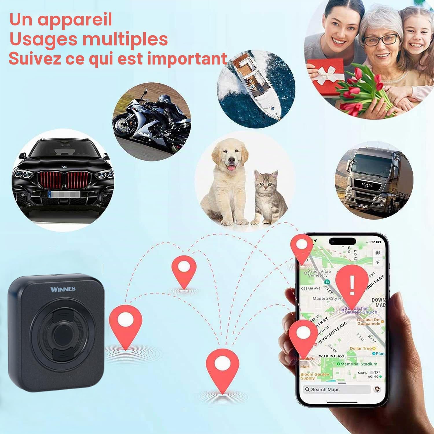 Mini Traceur GPS Winnes 4G Tracker Aimanté Suivi en Temps réel en Europe/UK Longue Distance Localisateurs Antivol pour Voitures/Enfants/Personnes âgées/Chiens/Motos(avec Clip,Carte SIM Inclus)