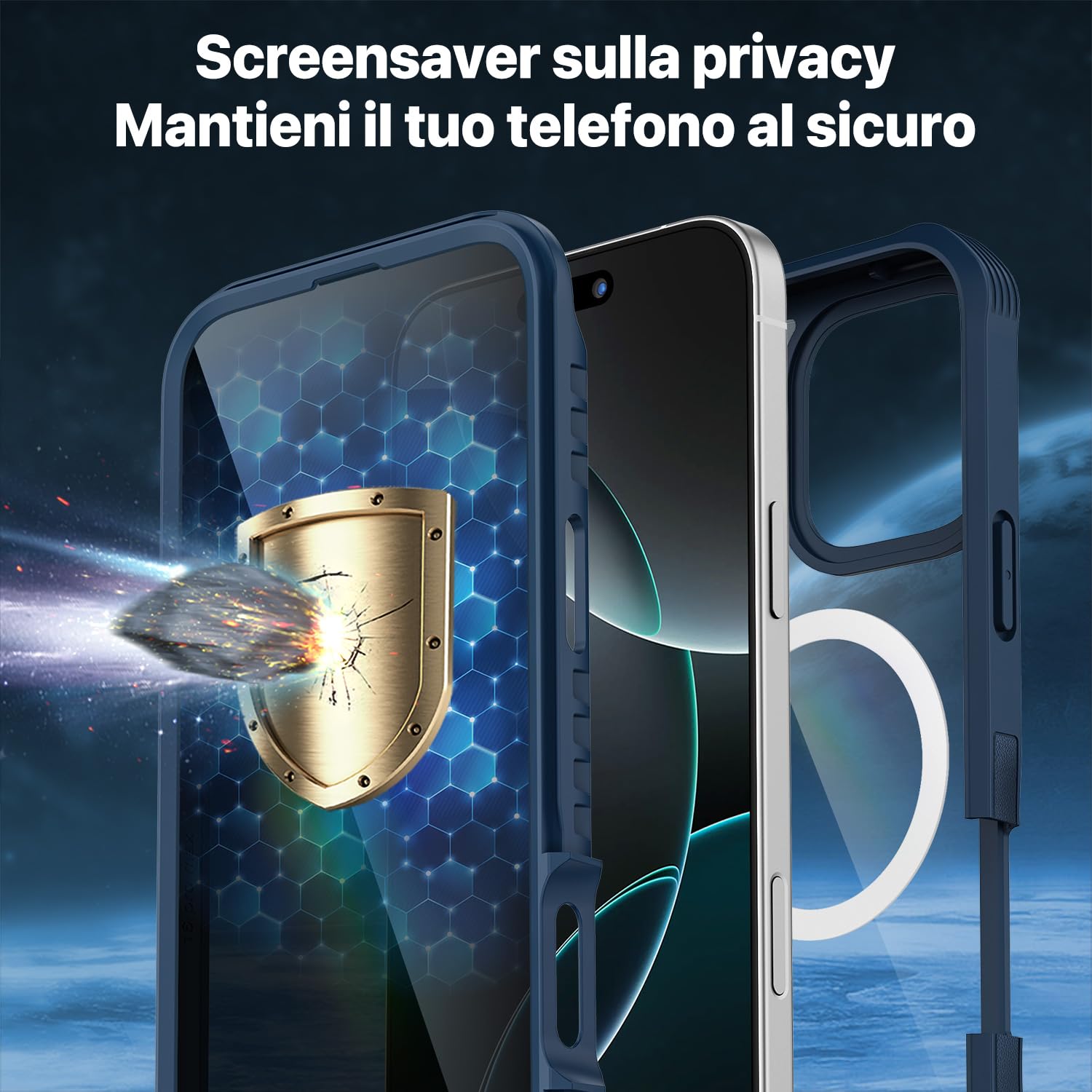 CENHUFO Magnetica Privacy Cover iPhone 16 Pro, Compatibile con Magsafe Integrata Vetro Temperato Anti Spia Schermo e Protezione Fotocamera, Custodia Antiurto 360 Gradi Rugged Doppia Faccia Case -Blu
