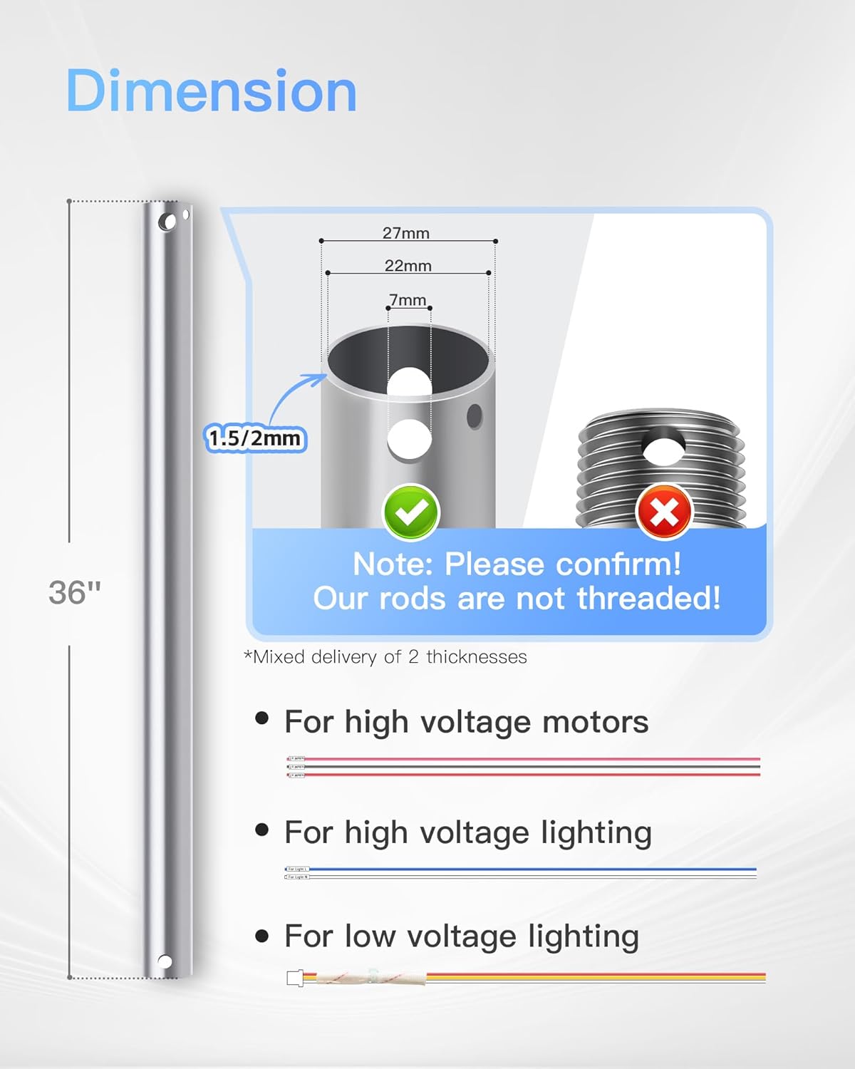 36 inch Ceiling Fan Downrod,36" Height Ceiling Fan included 9 Extension Wire for Wide Range of Fans Downrod, Unthreaded,Dia 1.02'',Brushed Nickel