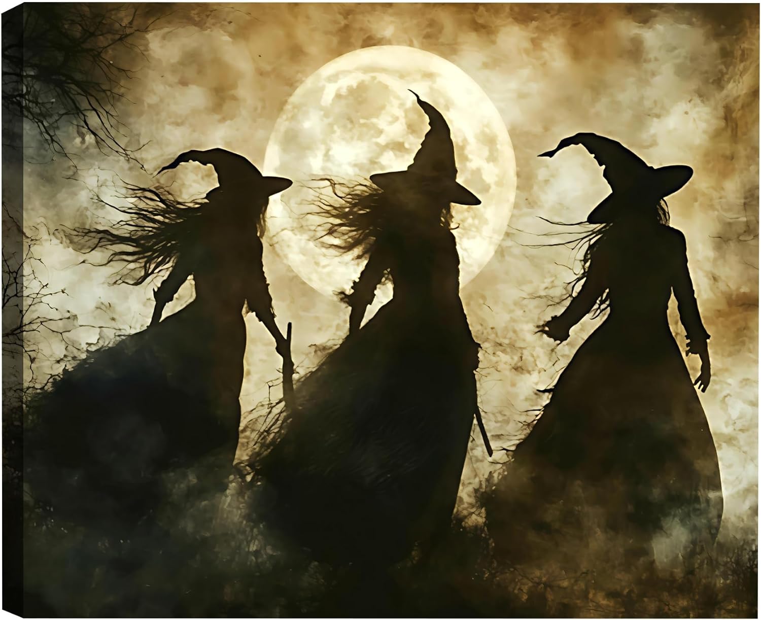 FLZYKGPA Vintage Witch Canvas Wall Art Prints 20x30inch, 3 Witches Full Moon Background Halloween Rustic Art Poster Dark Academia Gothic Wall Decor for Gallery Living Room Bedroom