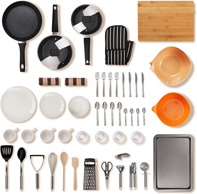 noah The Sous Chef Standard Kitchen Starter Kit - Ideal For Home Movers & Students - Includes Non-Stick Pan Set, Cooking Utensils, Dinner Set and More (4x Person Dinner Set)