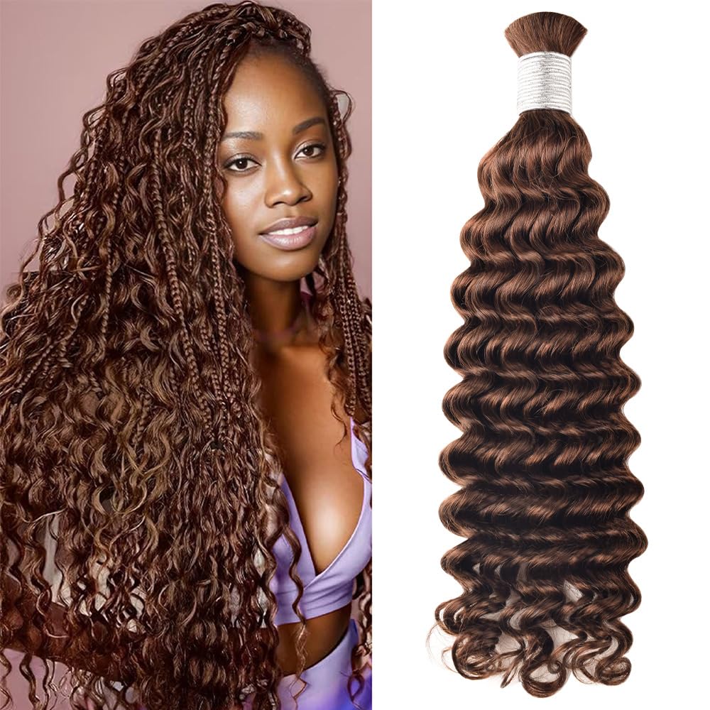 Medium Brown Human Braiding Hair Deep Wave Bulk Human Hair, No Weft Curly Braiding Hair Extensions for Boho Braids Wet and Wavy Braiding Human Hair Bundles(26inch,4#,100g)