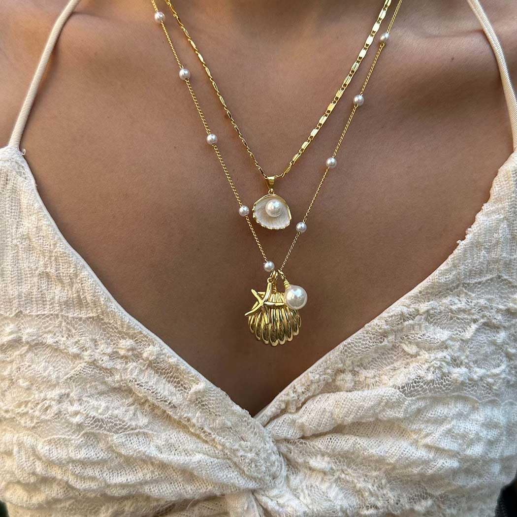 SANNIDHI® Necklace for Women Girls 2Pcs Boho Gold Seashell Pendant Necklaces Layered Pearl Starfish Necklace Chains Beach Jewelry Gift Item for Women 1