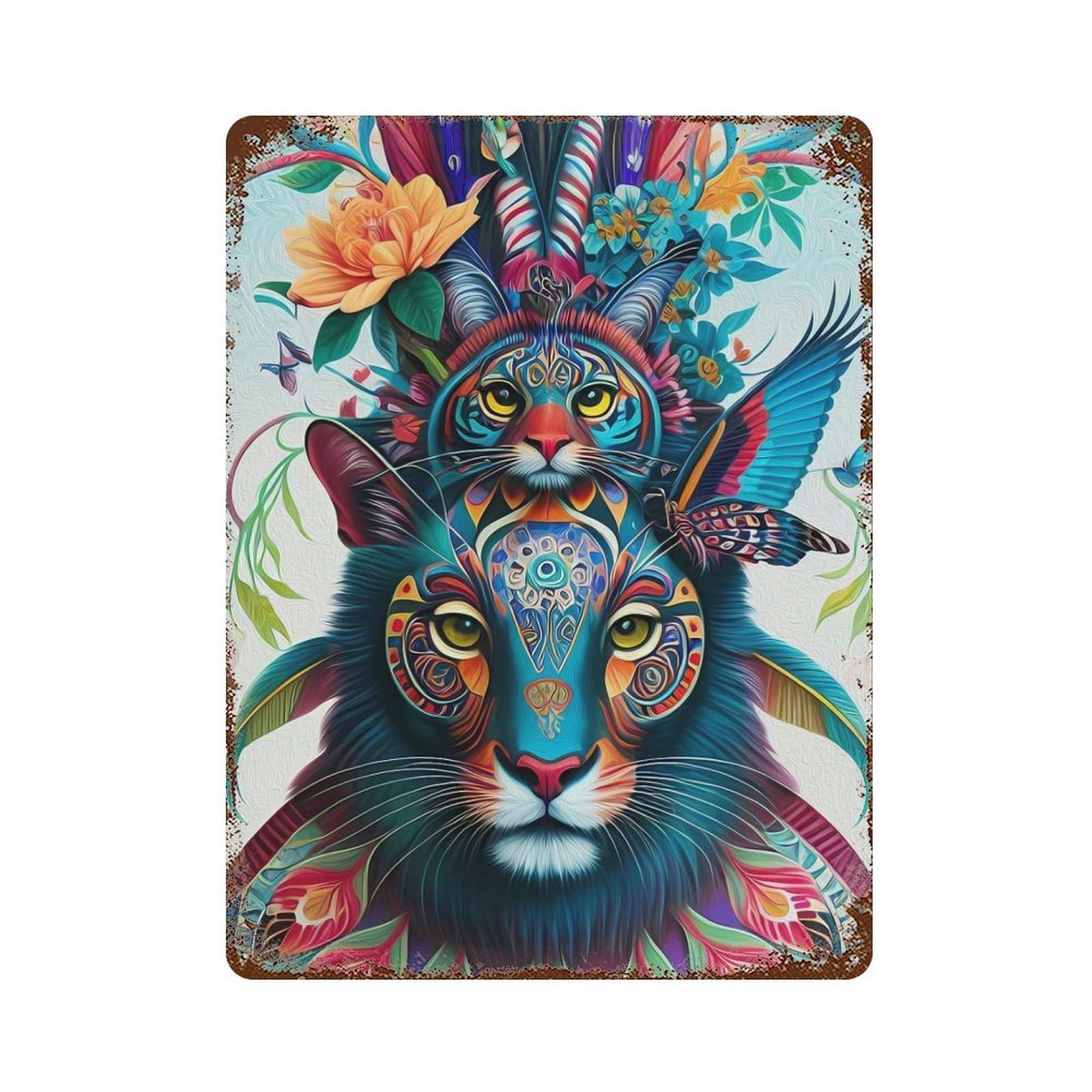 Totem of Dual Guardians – Sacred Feline Spirits 15.7"x11.8" Vintage Rust Metal Sign, Decorative Metal Wall Art for Farmhouse, Kitchen And Entryway Decor