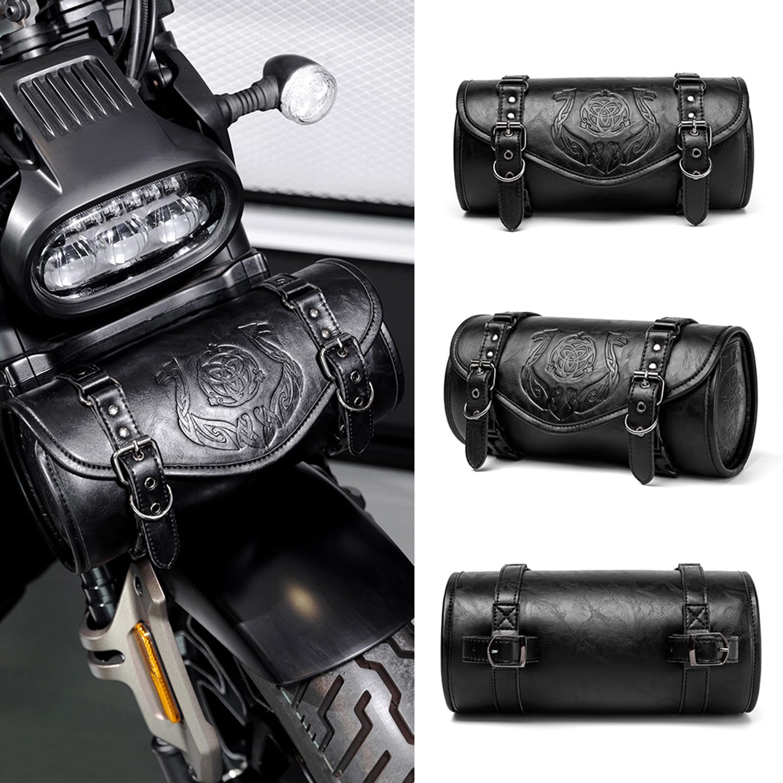Sac de rangement pour guidon de moto punk - Plusieurs poches - Sangles de montage sécurisées - Design ergonomique - Sacoches de selle de moto en cuir