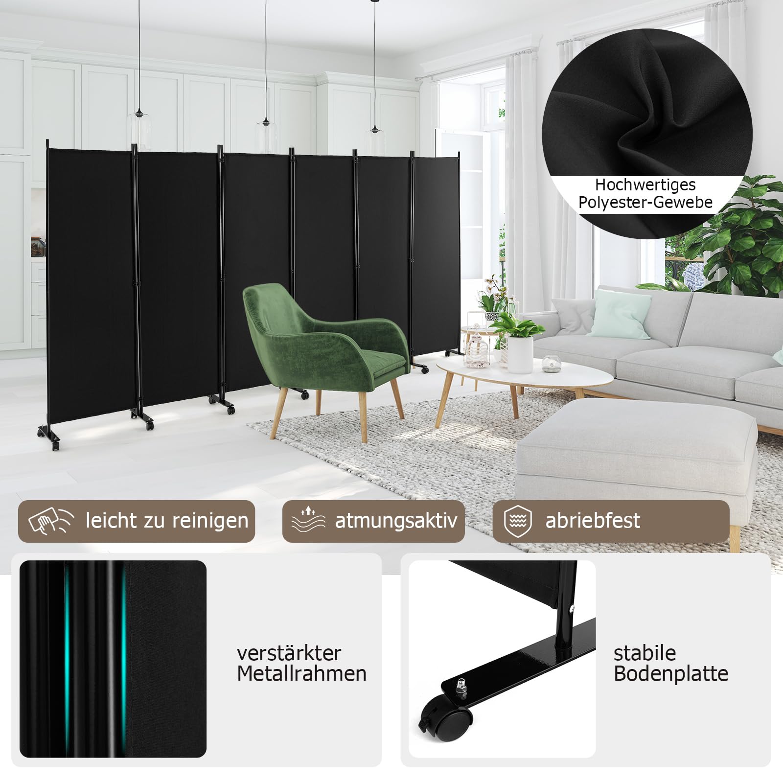 GIANTEX Paravent Raumteiler mit Rollen Raumtrenner Spanische Wand 6 Teilig | Trennwand Garten Balkon Terrasse 335x173 cm Umkleide Sichtschutz Klappbar Mobil Stellwand aus Stoff Innen & Außen Schwarz