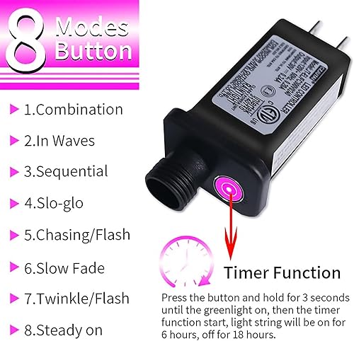 Miniatura 7 de Luces LED de Navidad rosadas, mini tira de luces rosadas enchufables, 8 modos de luces rosas de Navidad al aire libre para árbol, decoración de