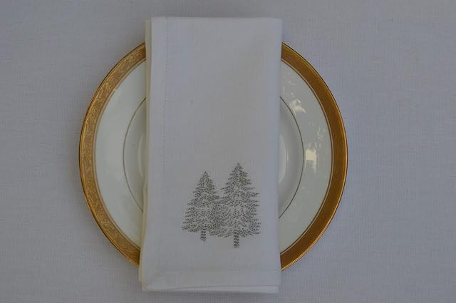 Quayside Home Napkins, 100% Cotton brilliant white with silver embroidered Christmas trees, Pack of 4