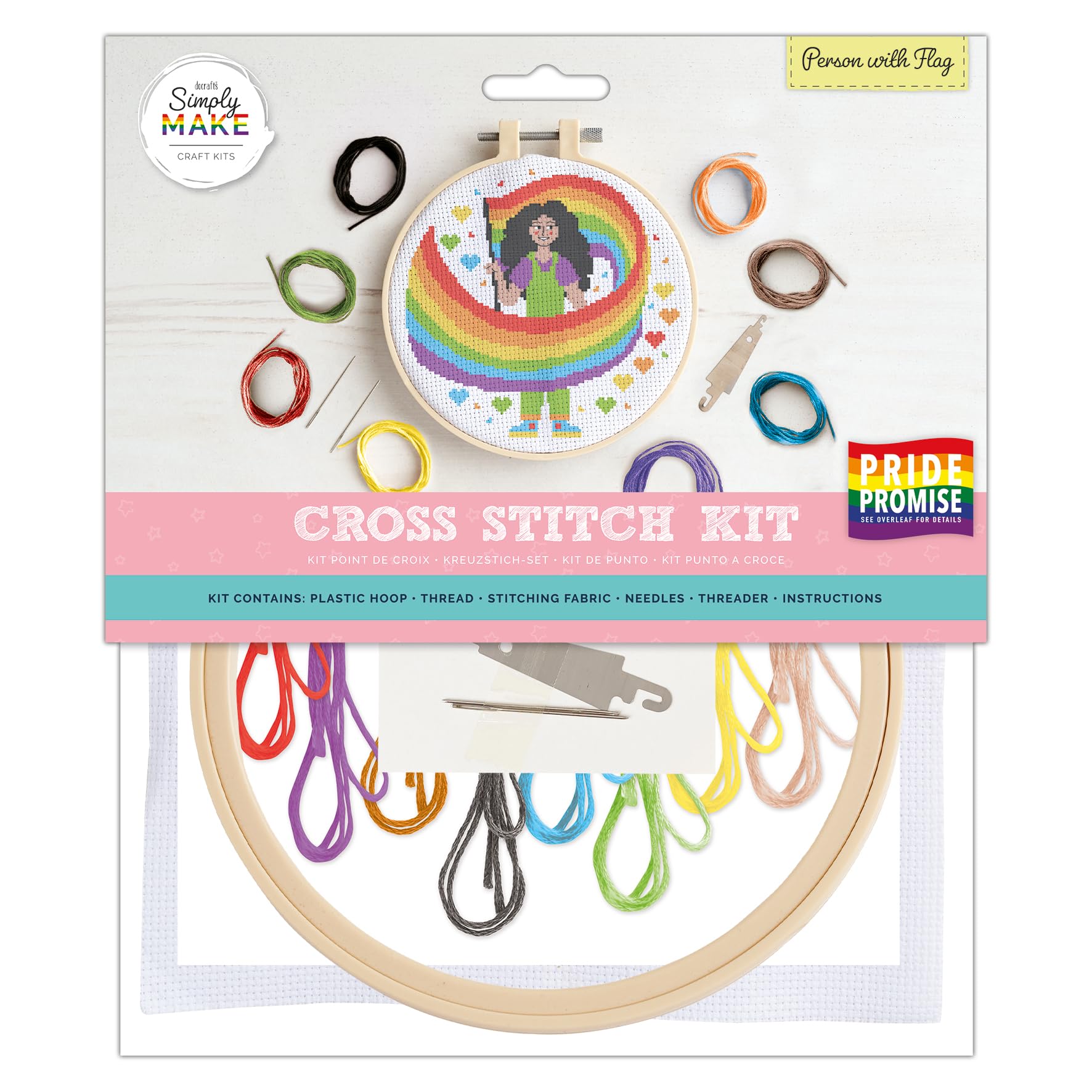 Simply Make Person With Flag Cross Stitch Kit Kids & Adults, Hoop, Embroidery Thread, For Adult Crafts, Beginners, Craft Kit