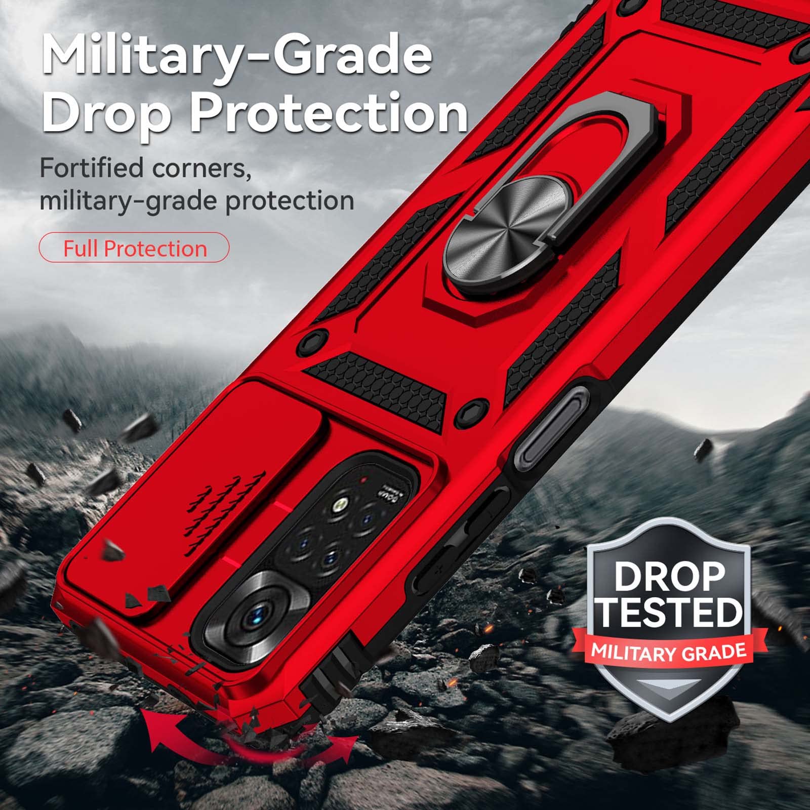 ILING Cover Armor Per Xiaomi Redmi Note 11/11S 4G - Custodia Antiurdo Con Supporto E Copriobiettivo